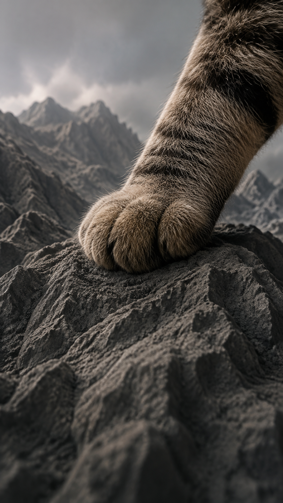 虎斑猫前掌压住微缩山脊，形成巨掌压山的尺度错觉
